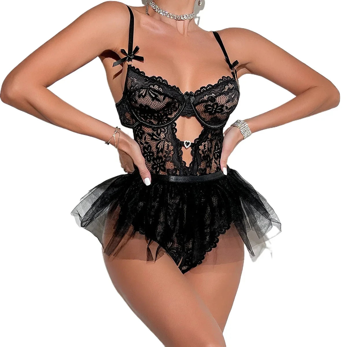 Erotics Heart Lace Sensual See Through Backless Nightwear Alluring Sensual Lingerie Nightdress