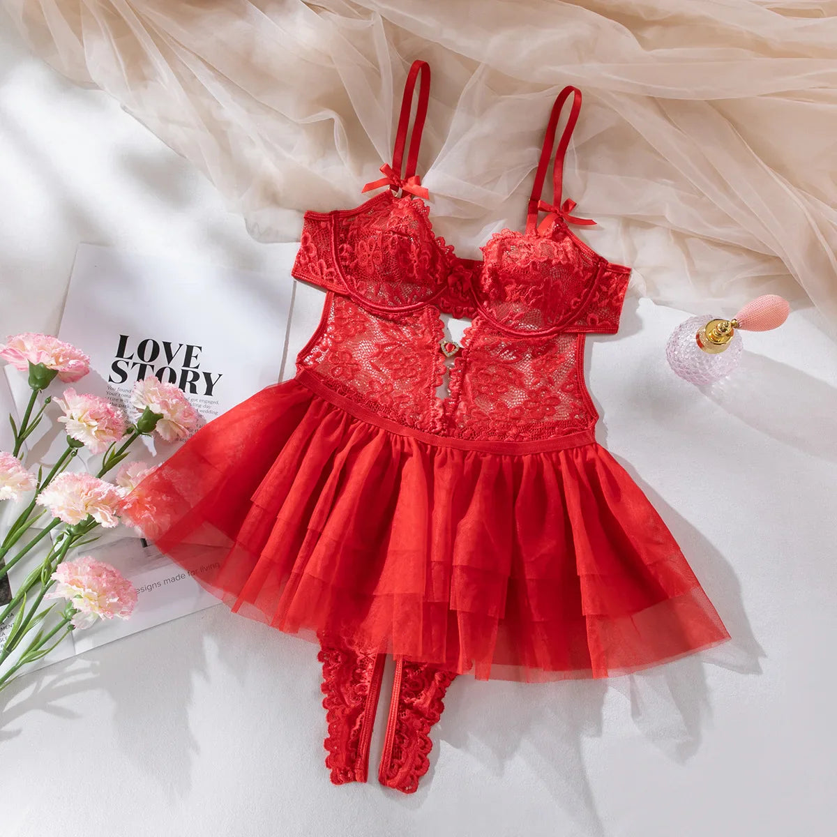 Erotics Heart Lace Sensual See Through Backless Nightwear Alluring Sensual Lingerie Nightdress