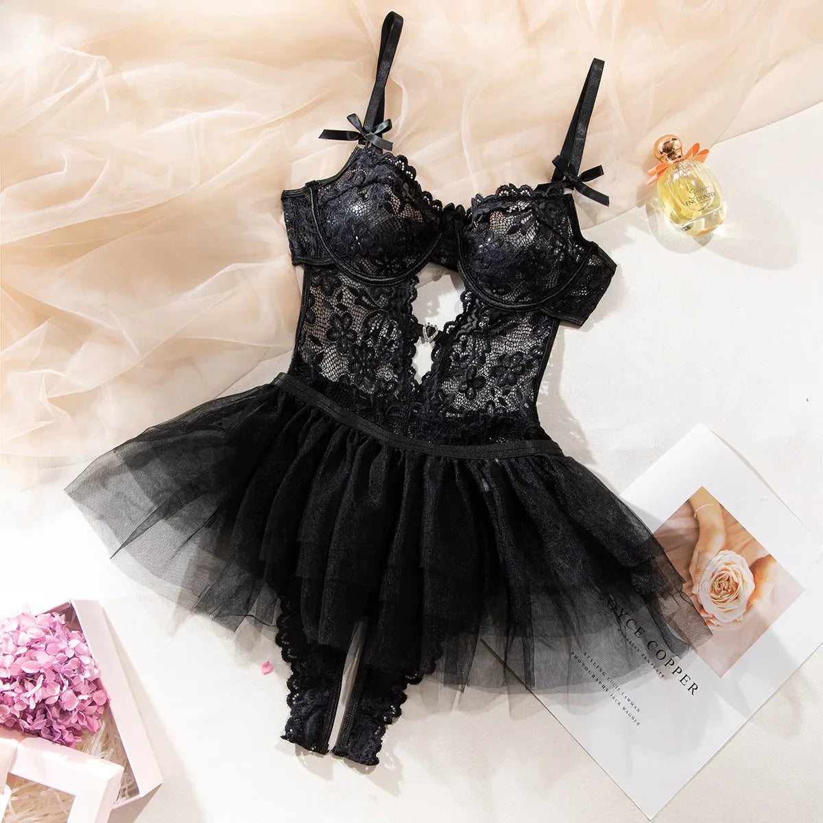 Erotics Heart Lace Sensual See Through Backless Nightwear Alluring Sensual Lingerie Nightdress