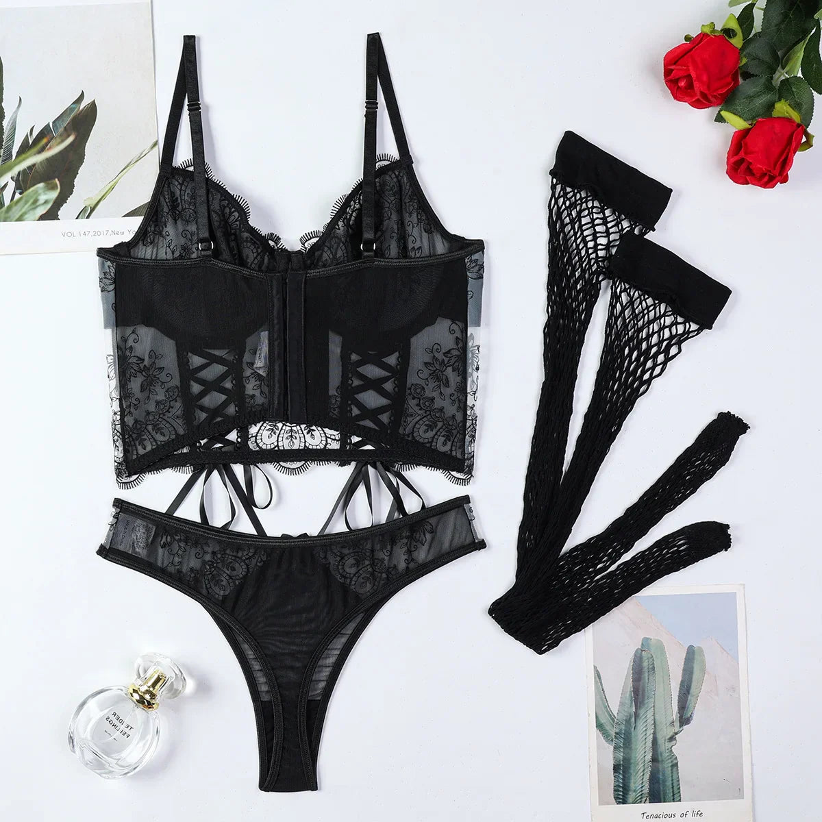 Erotics Western Style 3D Embroidery 3 Piece Set Sensual Criss Cross Alluring Attractive Breathable Lingerie Set