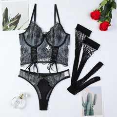 Erotics Western Style 3D Embroidery 3 Piece Set Sensual Criss Cross Alluring Attractive Breathable Lingerie Set