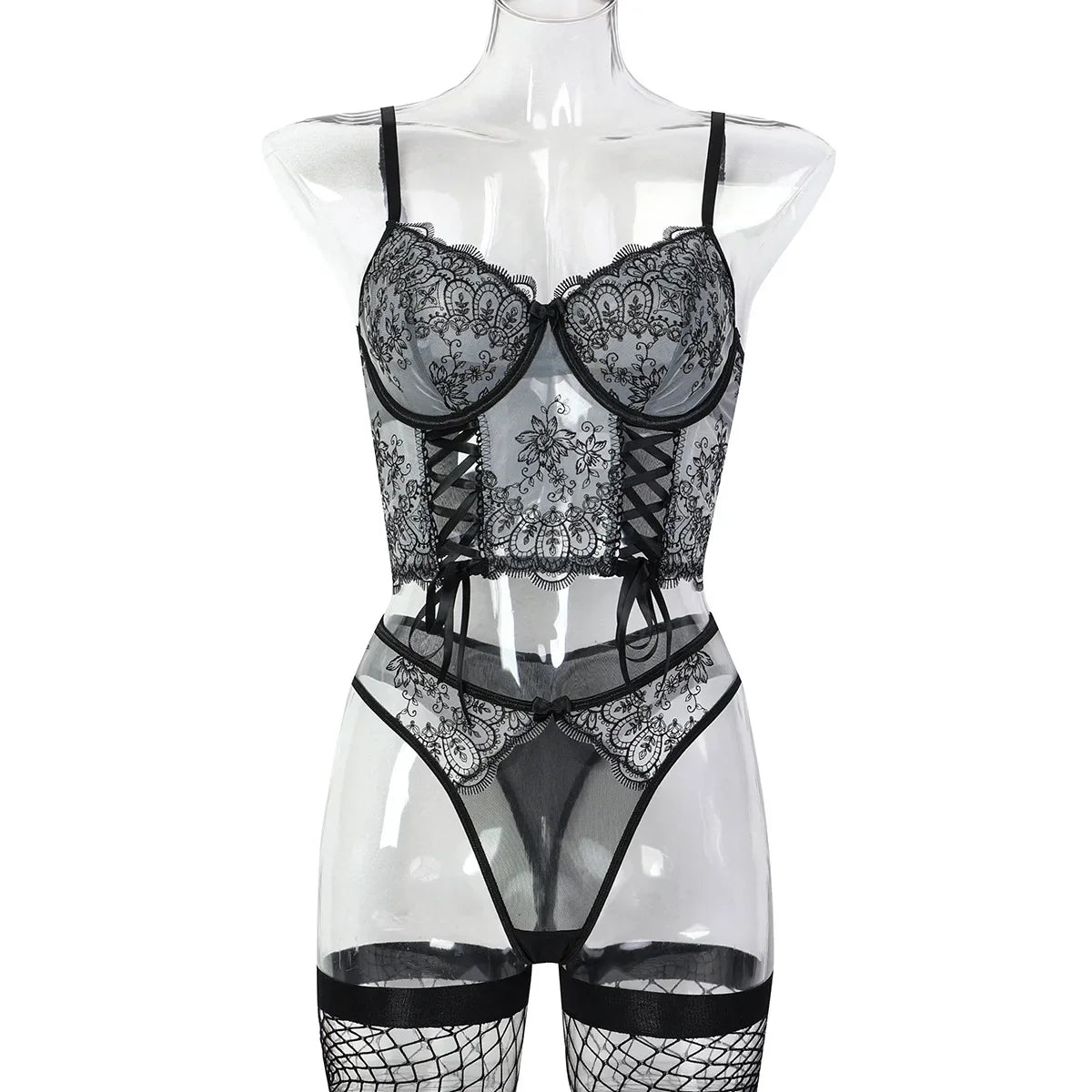 Erotics Western Style 3D Embroidery 3 Piece Set Sensual Criss Cross Alluring Attractive Breathable Lingerie Set