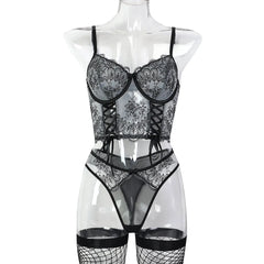 Erotics Western Style 3D Embroidery 3 Piece Set Sensual Criss Cross Alluring Attractive Breathable Lingerie Set