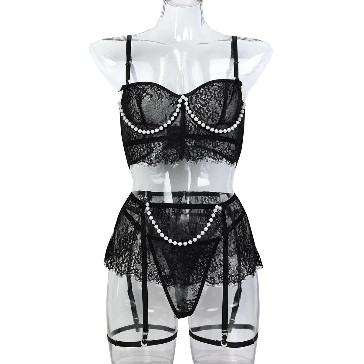 Erotics Western Style Handmade Pearl 4 Piece Set Sensual See Through Lace Alluring Bowknot Attractive Breathable Set