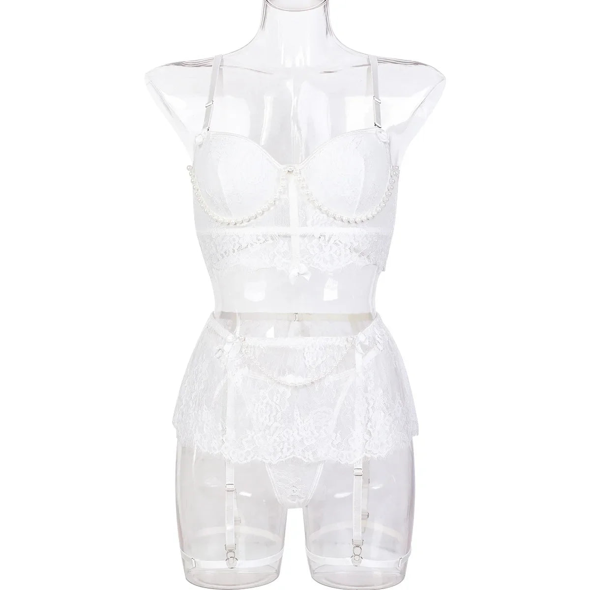 Erotics Western Style Handmade Pearl 4 Piece Set Sensual See Through Lace Alluring Bowknot Attractive Breathable Set