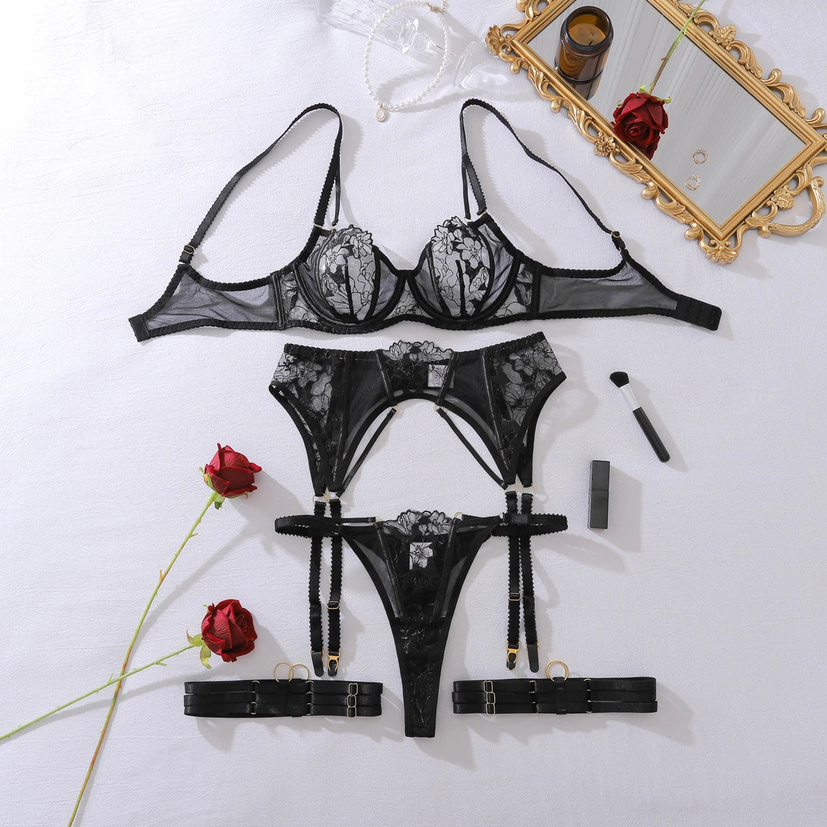 Lingerie See Through Embroidered 3PC Set with Leg Circles Exclusive Erotic Miss Underwear Transparent Sets