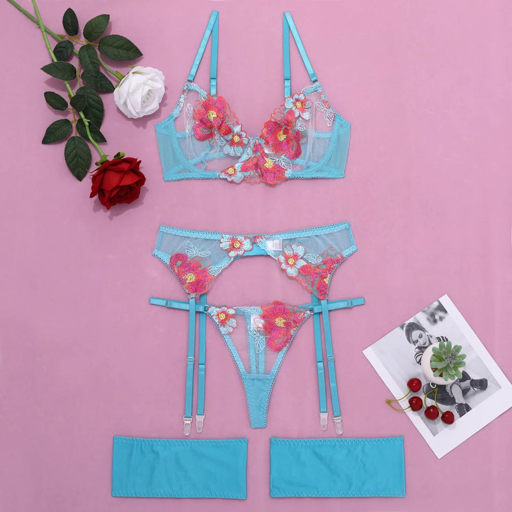 Floral Embroidered Lace Lingerie Sets 3 Piece See Through Bra Panty Belt French Lace Bridal Erotic Underwear
