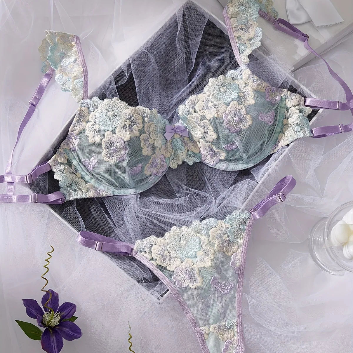 Floral Embroidery Hollow Out Thin Cup Bra