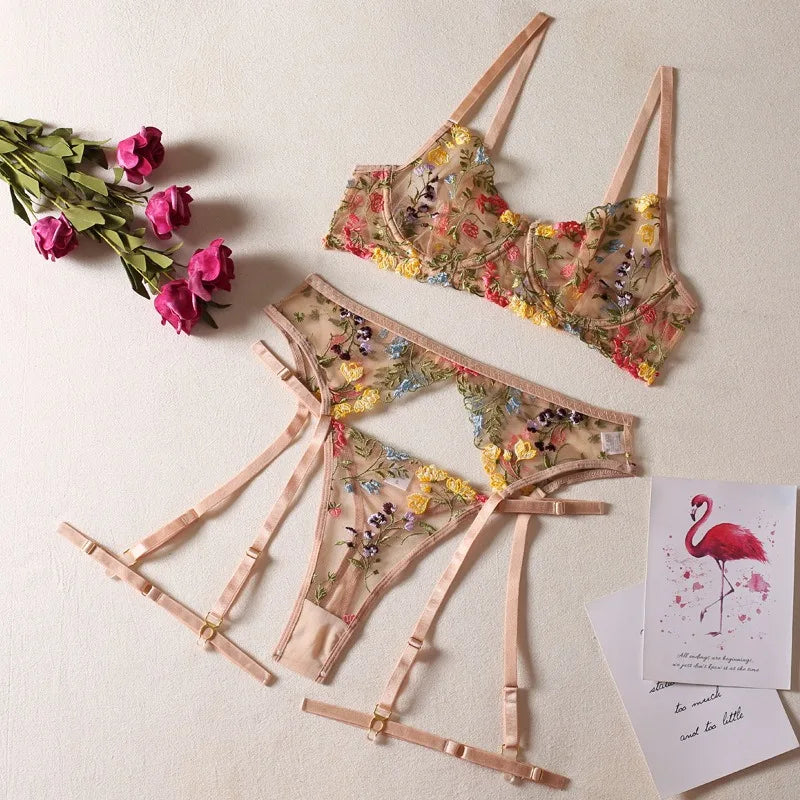 Floral Sheer Lingerie Sets Erotic Super 3-Piece Sets Transparent Sensual Embroidery Bra Brief Belt