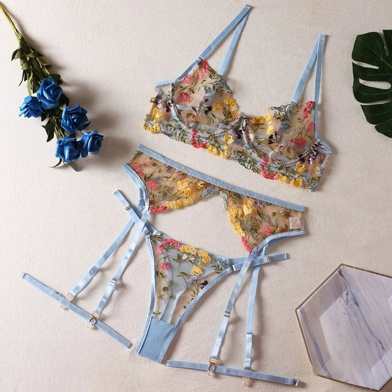 Floral Sheer Lingerie Sets Erotic Super 3-Piece Sets Transparent Sensual Embroidery Bra Brief Belt