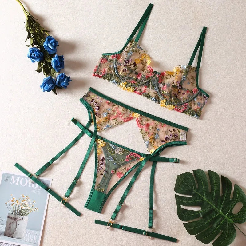 Floral Sheer Lingerie Sets Erotic Super 3-Piece Sets Transparent Sensual Embroidery Bra Brief Belt