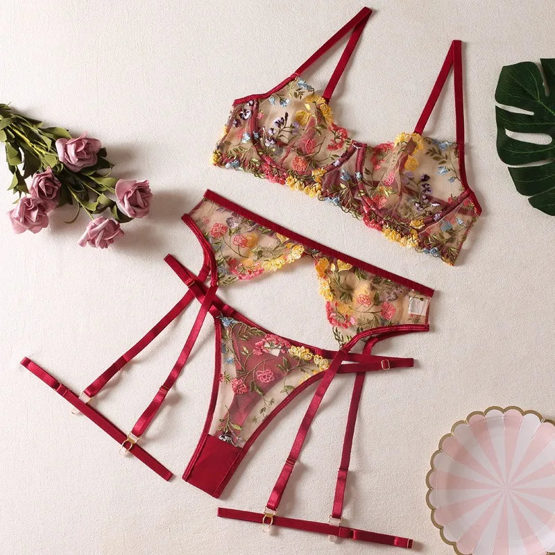 Floral Sheer Lingerie Sets Erotic Super 3-Piece Sets Transparent Sensual Embroidery Bra Brief Belt