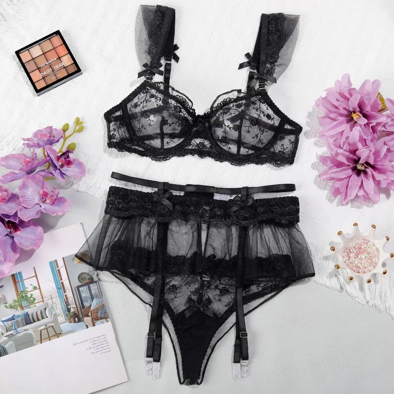 French Lace Embroidered Lingerie Sets See Through Bra Panty Mesh Skirt Belt Bridal Honeymoon Valentine Gifts