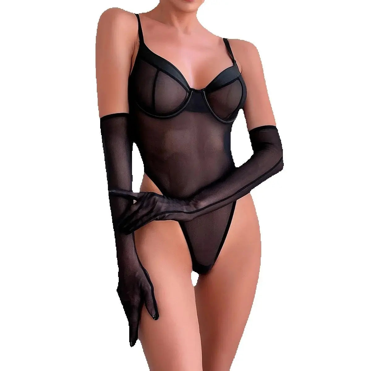 Jumpsuit with Lace Transparent Mesh Gloves Rompers Clothing Body Suits Sweet Set Lingerie Accessories