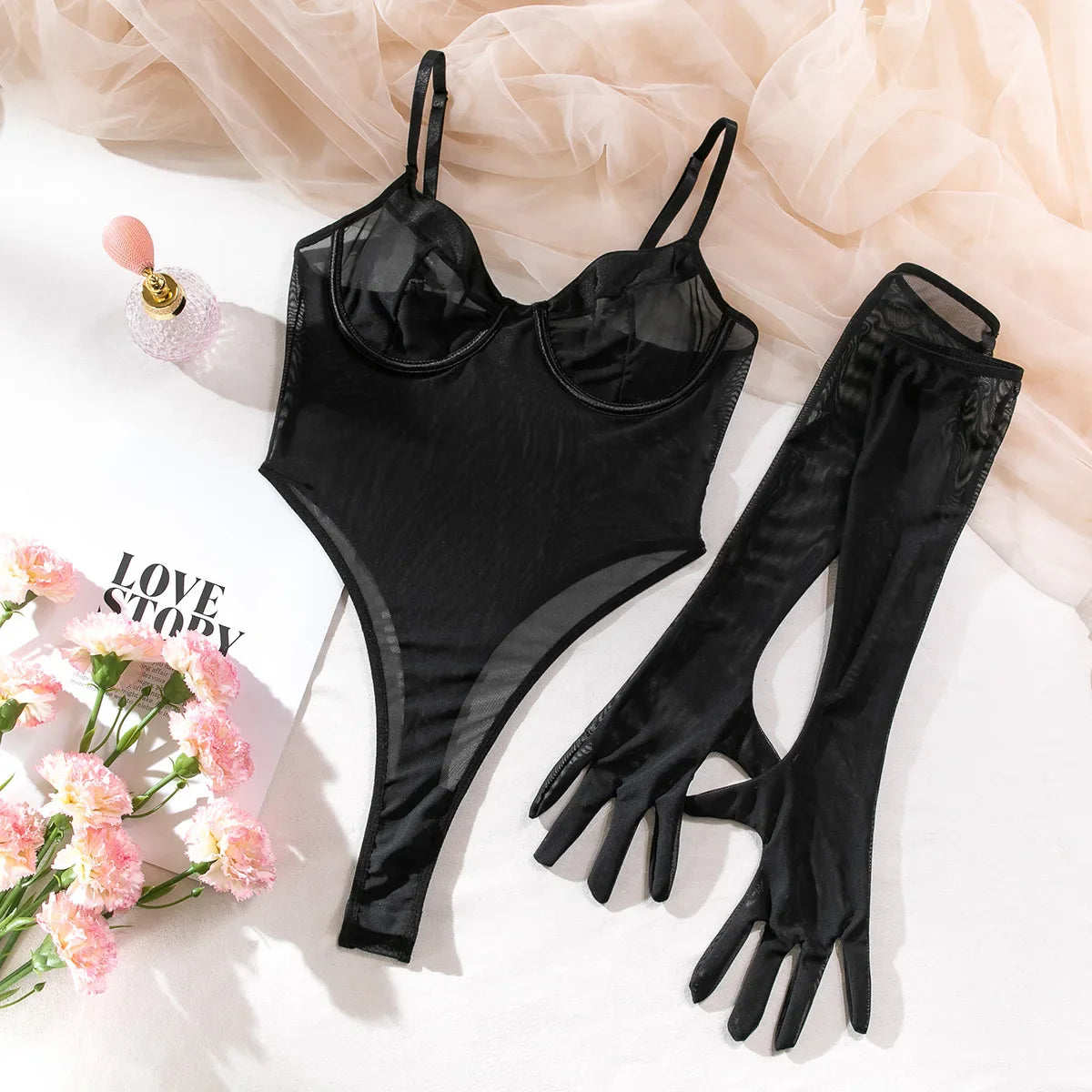 Jumpsuit with Lace Transparent Mesh Gloves Rompers Clothing Body Suits Sweet Set Lingerie Accessories
