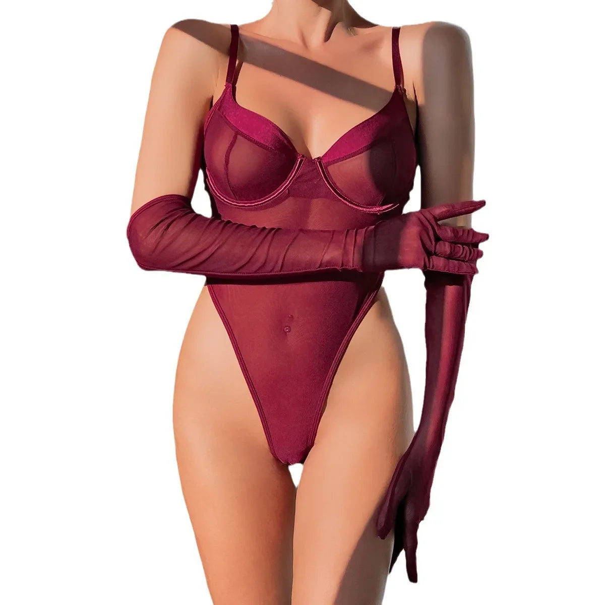 Jumpsuit with Lace Transparent Mesh Gloves Rompers Clothing Body Suits Sweet Set Lingerie Accessories