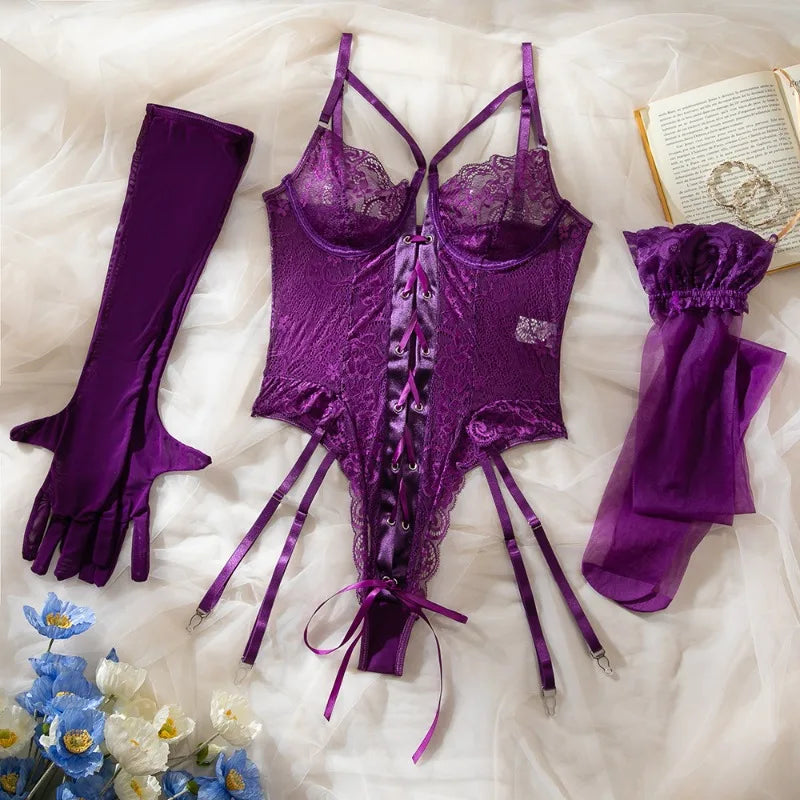 Laces Elegant Lingerie Sets with Long Gloves Stocking Lace Up Erotic See-Through Underwear