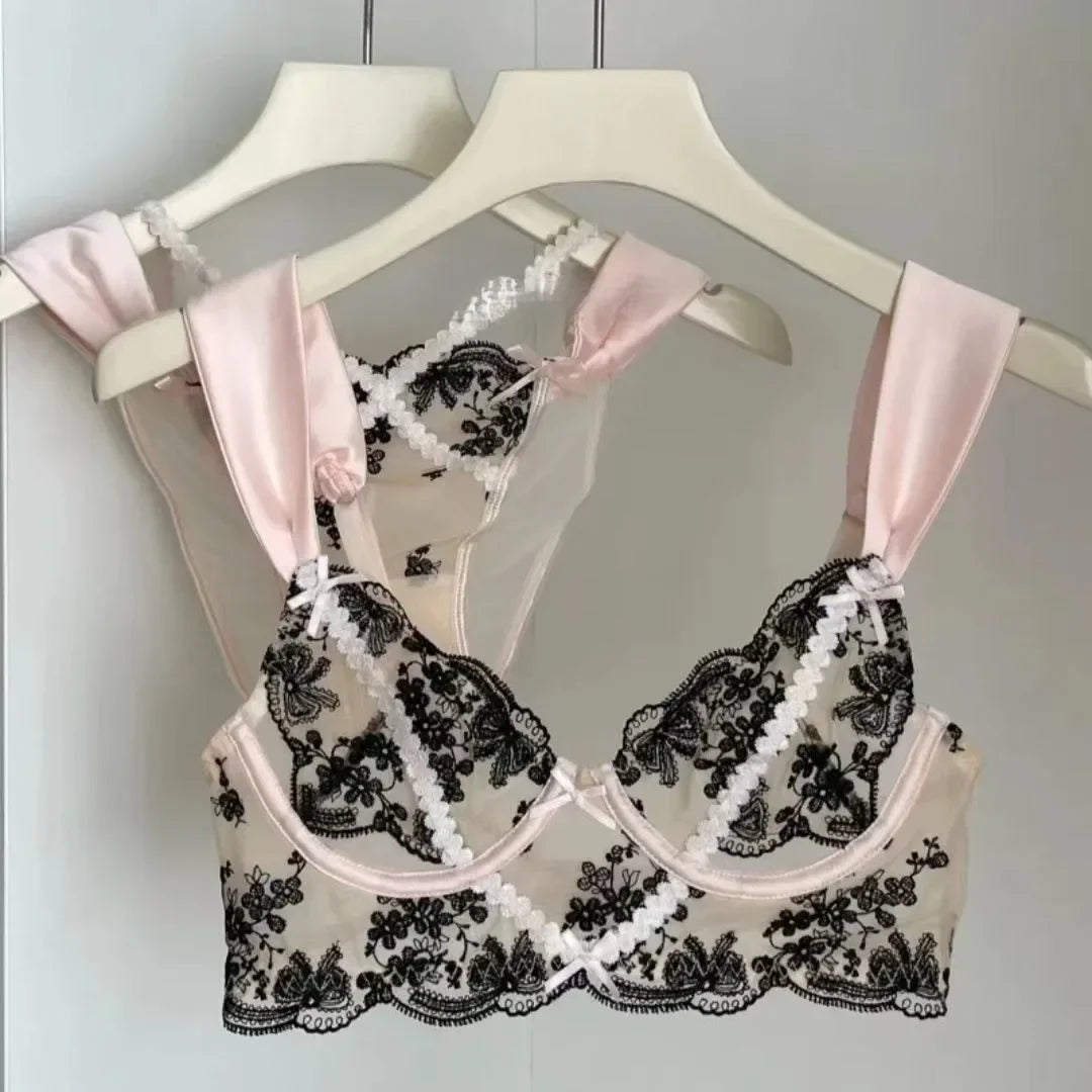 Lace Lingerie Push Up Semi-sheer Bra and Panty Sets Gathering Chest Flower Large Steel Ring Pretty Korean Bra Set
