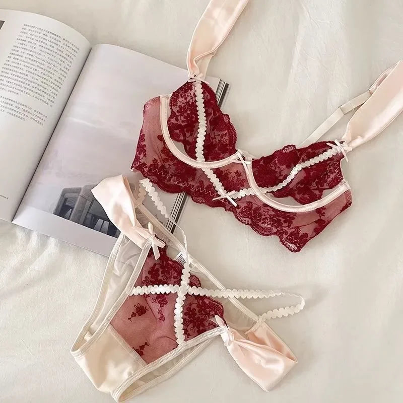 Lace Lingerie Push Up Semi-sheer Bra and Panty Sets Gathering Chest Flower Large Steel Ring Pretty Korean Bra Set