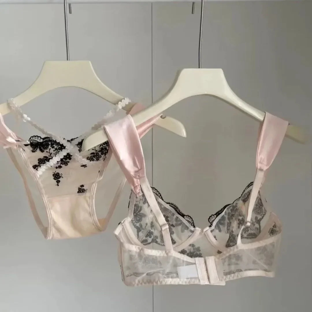 Lace Lingerie Push Up Semi-sheer Bra and Panty Sets Gathering Chest Flower Large Steel Ring Pretty Korean Bra Set