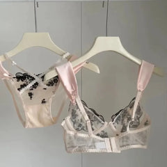 Lace Lingerie Push Up Semi-sheer Bra and Panty Sets Gathering Chest Flower Large Steel Ring Pretty Korean Bra Set
