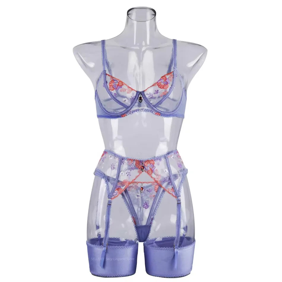 Lace Lingerie Set Erotic Floral Embroidery See Through Sheer Mesh Bra Thong Sets Elegant Gather Chest Underwear