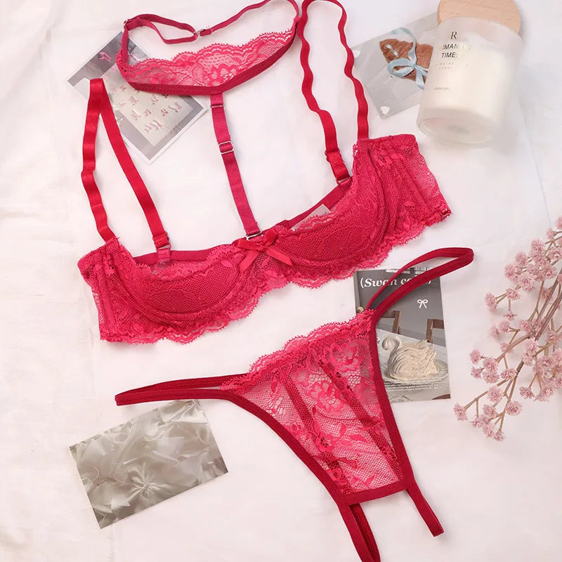 Lace Mesh Crotchless Halter Detachable Hollow Outs