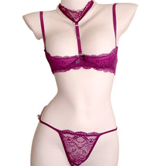 Lace Mesh Crotchless Halter Detachable Hollow Outs