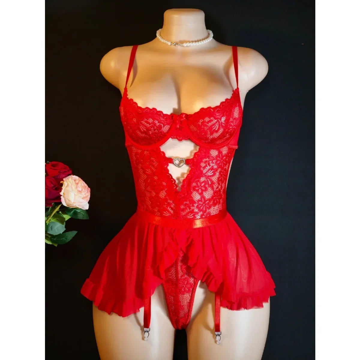 Lace Mesh Hem Heart Rhinestone Lingerie Dress