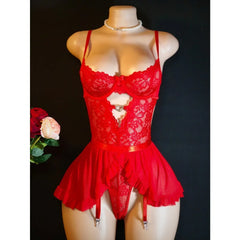 Lace Mesh Hem Heart Rhinestone Lingerie Dress
