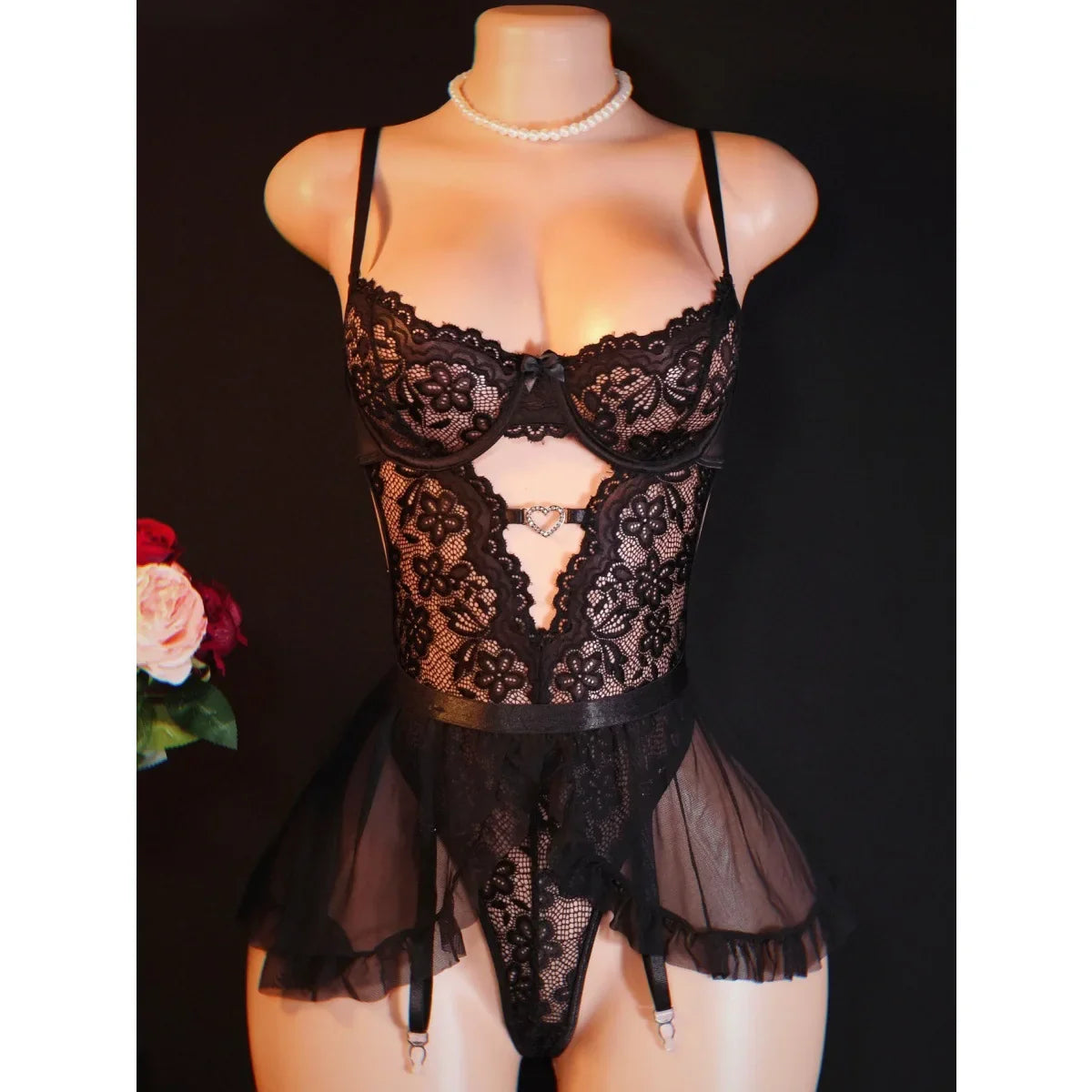 Lace Mesh Hem Heart Rhinestone Lingerie Dress