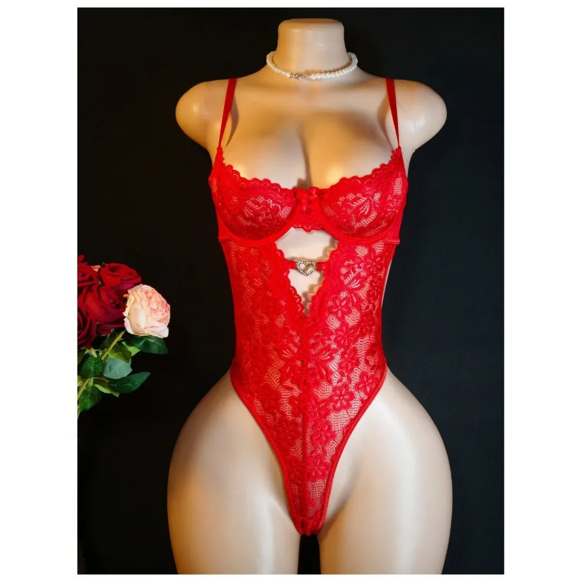 Lace Mesh Hem Heart Rhinestone Lingerie Dress