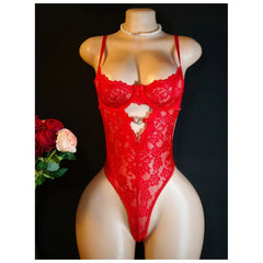 Lace Mesh Hem Heart Rhinestone Lingerie Dress