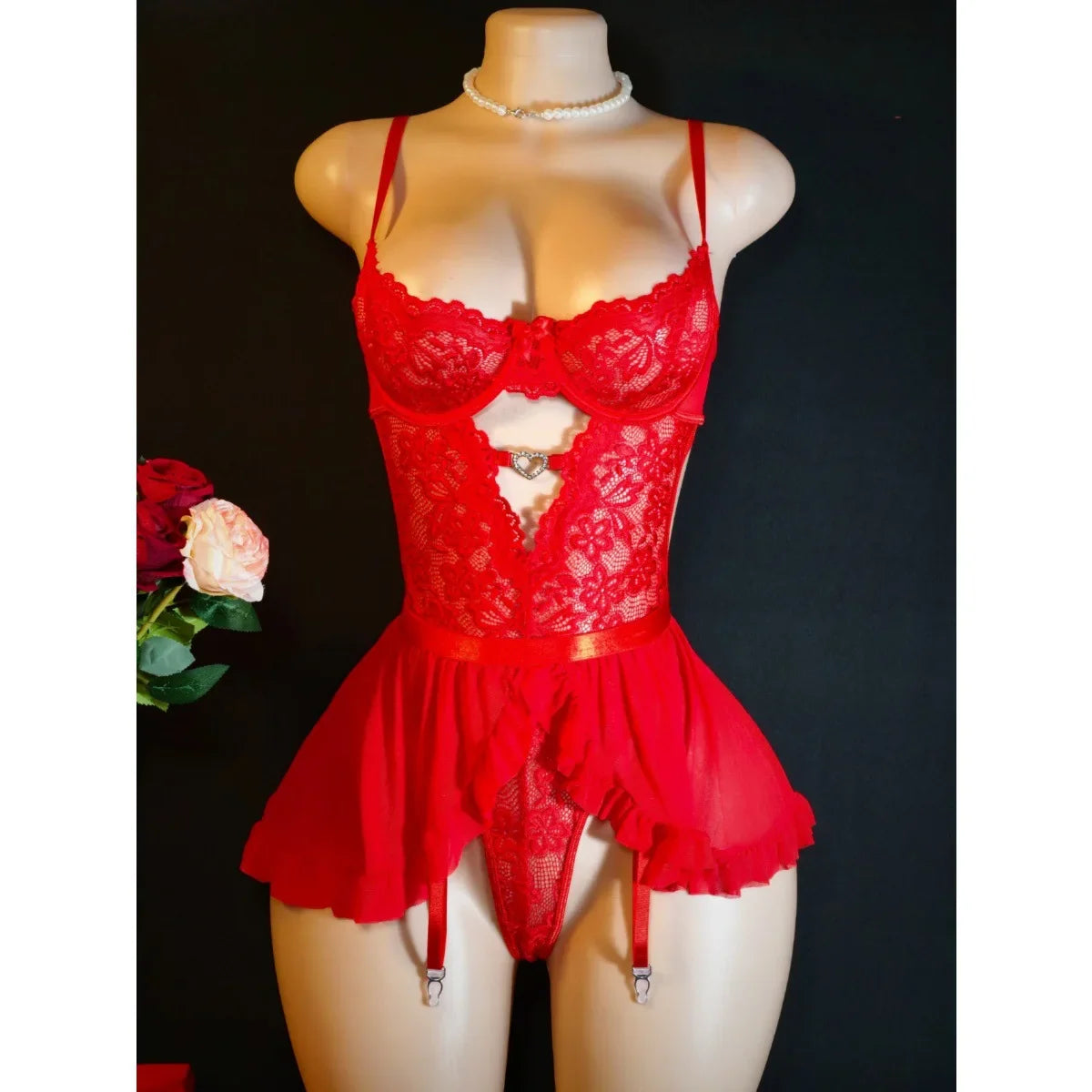 Lace Mesh Hem Heart Rhinestone Lingerie Dress