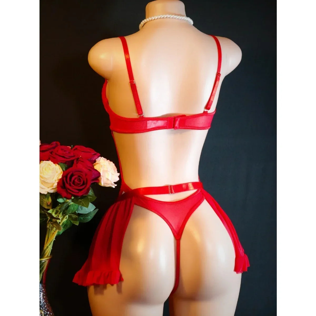Lace Mesh Hem Heart Rhinestone Lingerie Dress