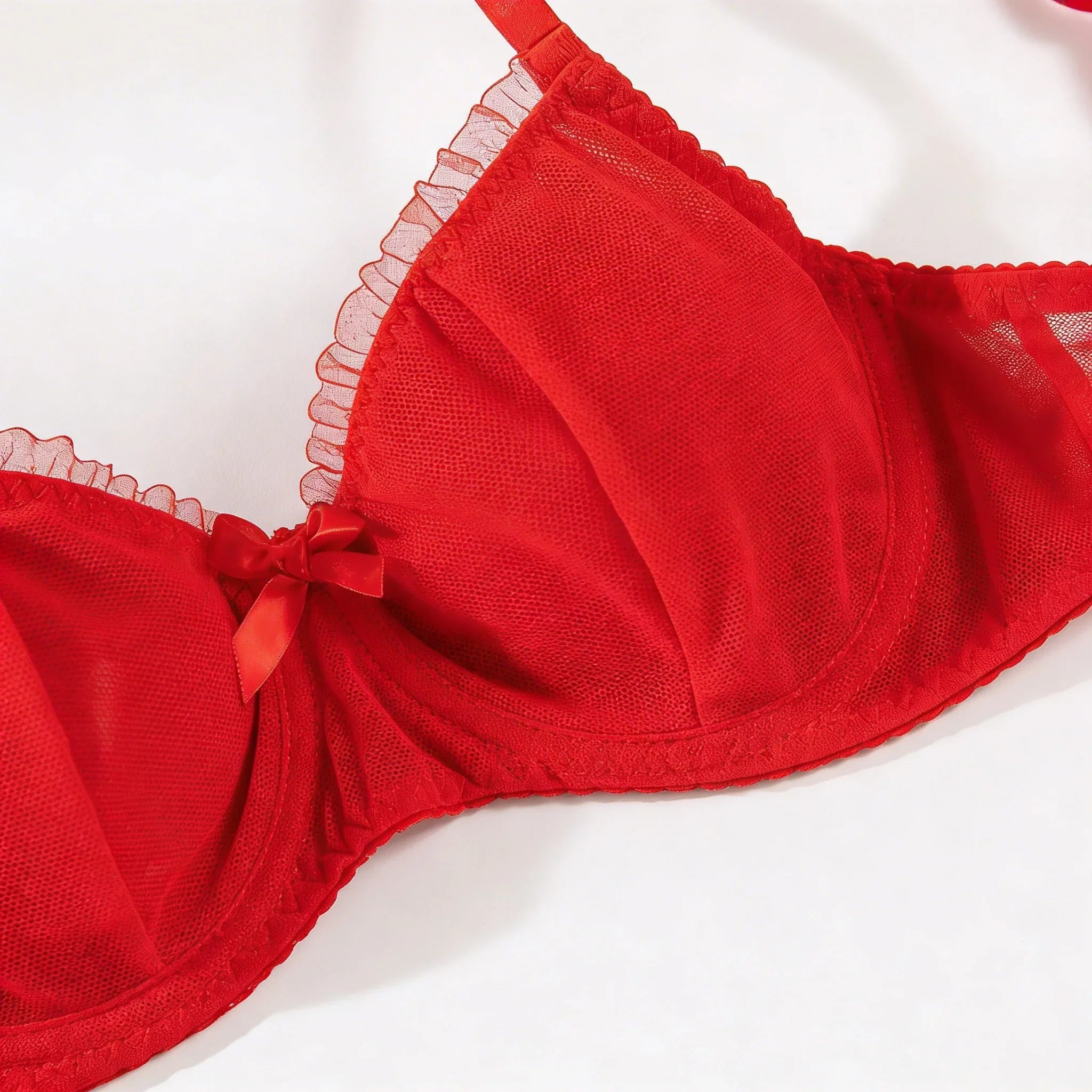 Lace See-through Lingerie Two Piece Sets Ruffle Bow Bra and Briefs Set Exotic Intimates Kit Push Up Underwear