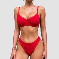Lace See-through Lingerie Two Piece Sets Ruffle Bow Bra and Briefs Set Exotic Intimates Kit Push Up Underwear