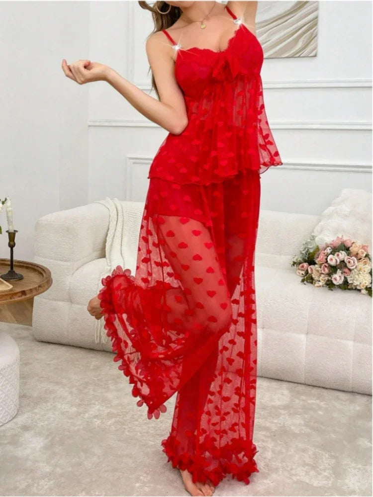 Pajama Set 2-piece Lace Heart Transparent Strappy Bra and Long Pants  Petal Lace Lingerie Sets  Sleepwear