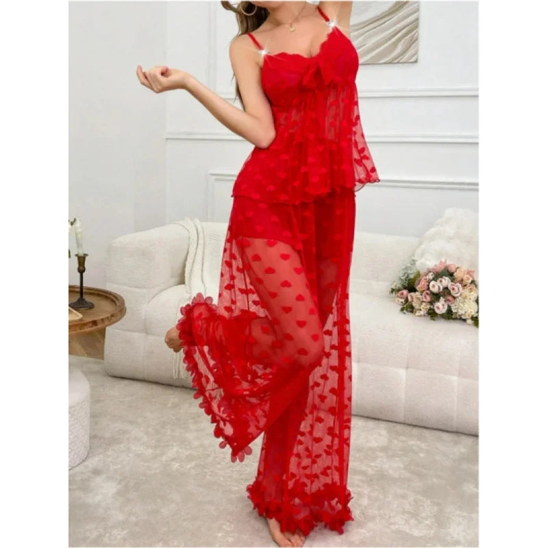 Pajama Set 2-piece Lace Heart Transparent Strappy Bra and Long Pants  Petal Lace Lingerie Sets  Sleepwear