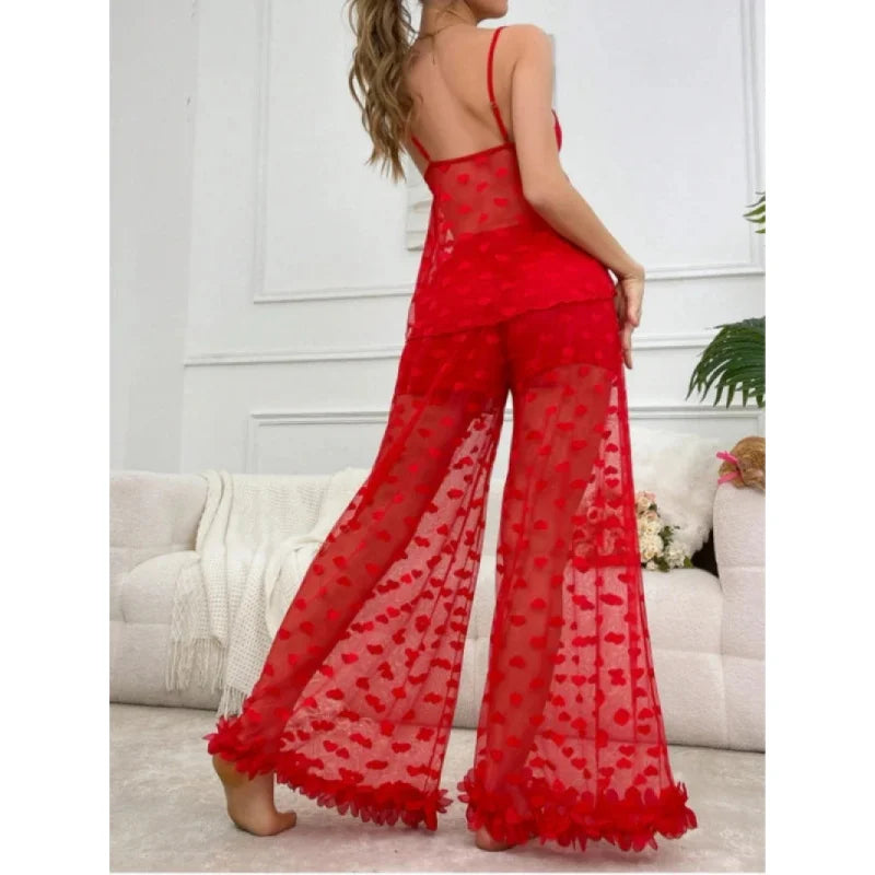 Pajama Set 2-piece Lace Heart Transparent Strappy Bra and Long Pants  Petal Lace Lingerie Sets  Sleepwear