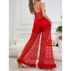 Pajama Set 2-piece Lace Heart Transparent Strappy Bra and Long Pants  Petal Lace Lingerie Sets  Sleepwear