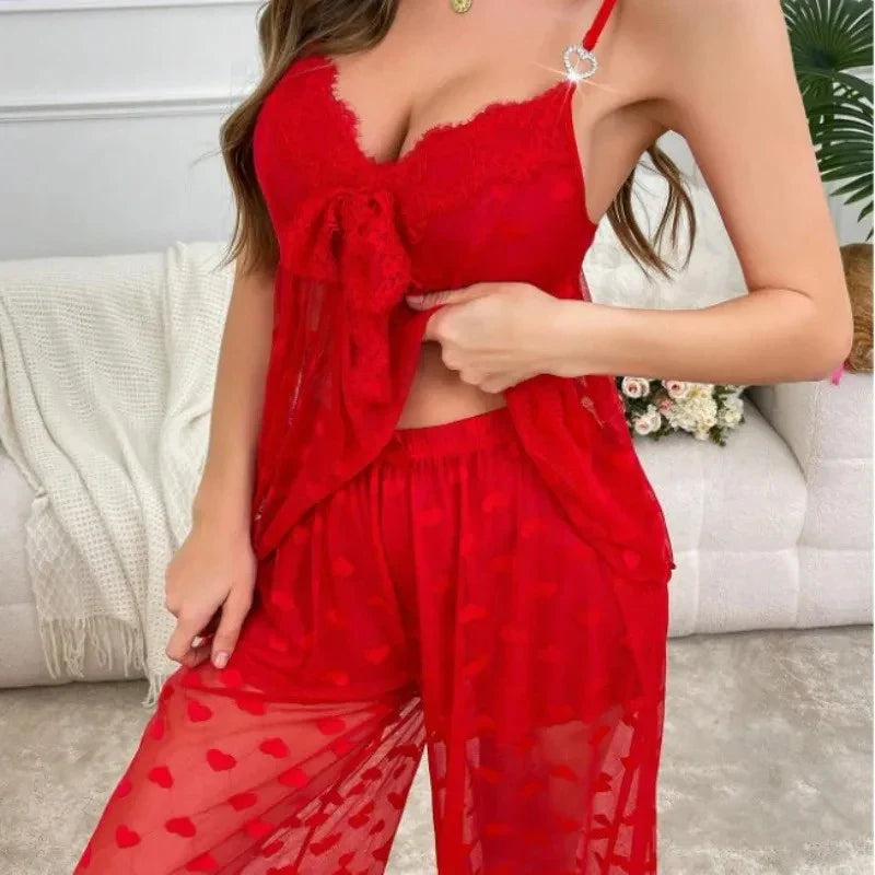 Pajama Set 2-piece Lace Heart Transparent Strappy Bra and Long Pants  Petal Lace Lingerie Sets  Sleepwear