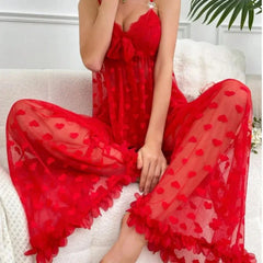 Pajama Set 2-piece Lace Heart Transparent Strappy Bra and Long Pants  Petal Lace Lingerie Sets  Sleepwear