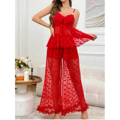 Pajama Set 2-piece Lace Heart Transparent Strappy Bra and Long Pants  Petal Lace Lingerie Sets  Sleepwear