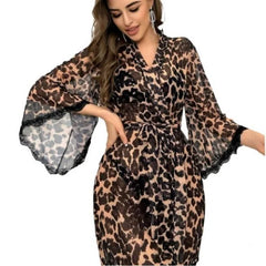 Leopard Print Nightgown Summer Style  Retro Style Flared Sleeve Sheer Bathrobe  Lively Lingerie Set