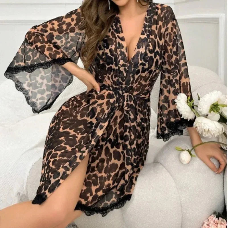 Leopard Print Nightgown Summer Style  Retro Style Flared Sleeve Sheer Bathrobe  Lively Lingerie Set