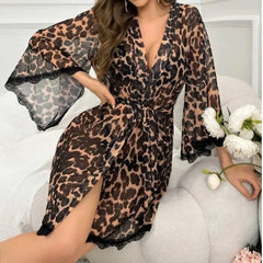 Leopard Print Nightgown Summer Style  Retro Style Flared Sleeve Sheer Bathrobe  Lively Lingerie Set