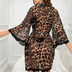 Leopard Print Nightgown Summer Style  Retro Style Flared Sleeve Sheer Bathrobe  Lively Lingerie Set