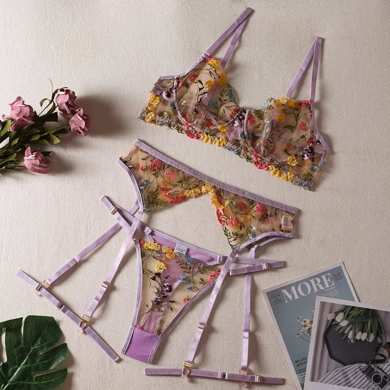 Lingerie Bra Set Lace Underwear Transparent Embroidery 3-Pieces Beautiful Short SkinCare Kits Erotic