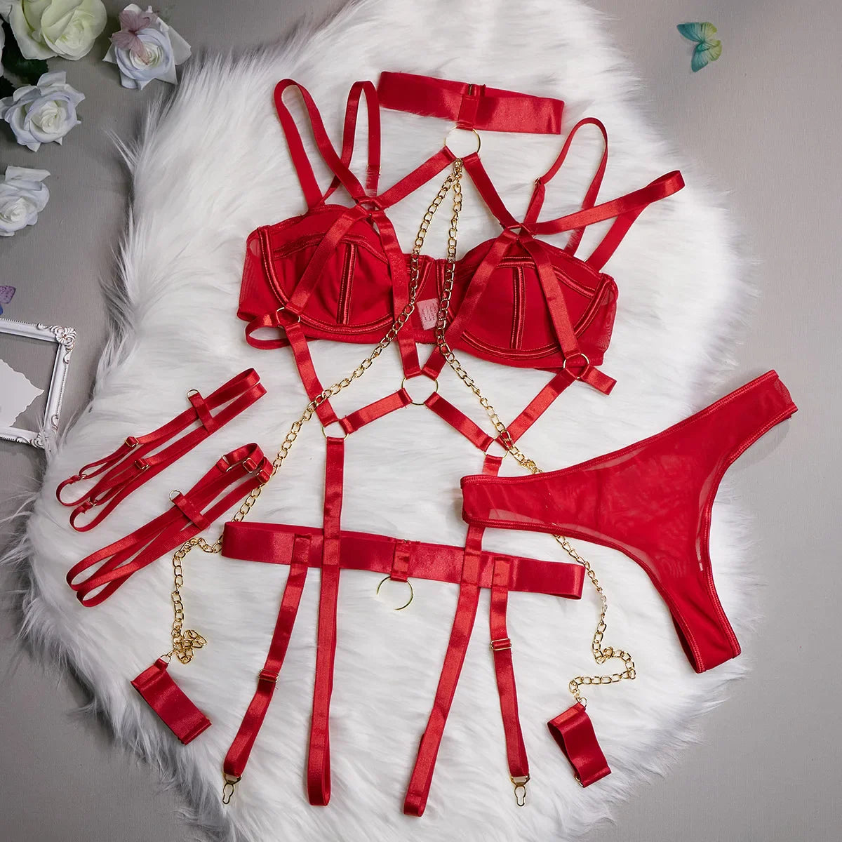 Lingerie Exotic Sensuals Metal Chain Four Piece Set Cosplay Underwear Fetish Bdsm Bondage Outfit XXX